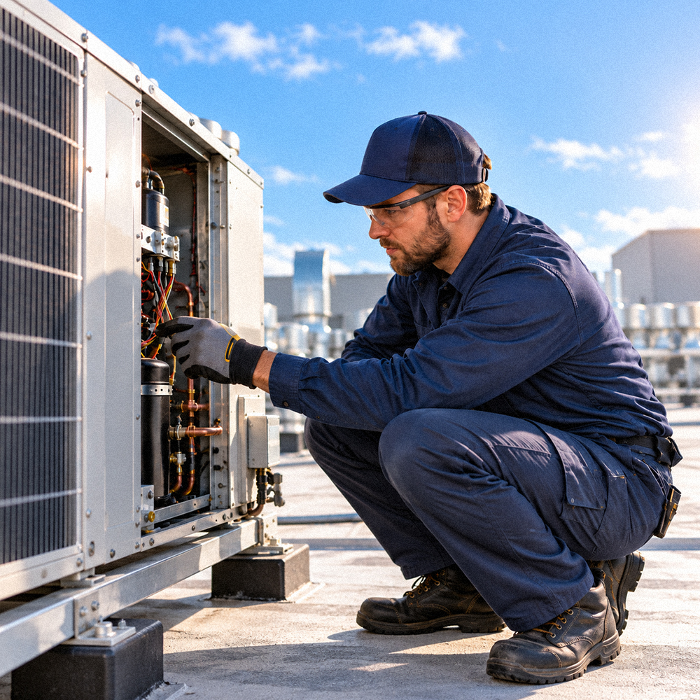 A PCS Refrigeration technician working on a commercial AC unit